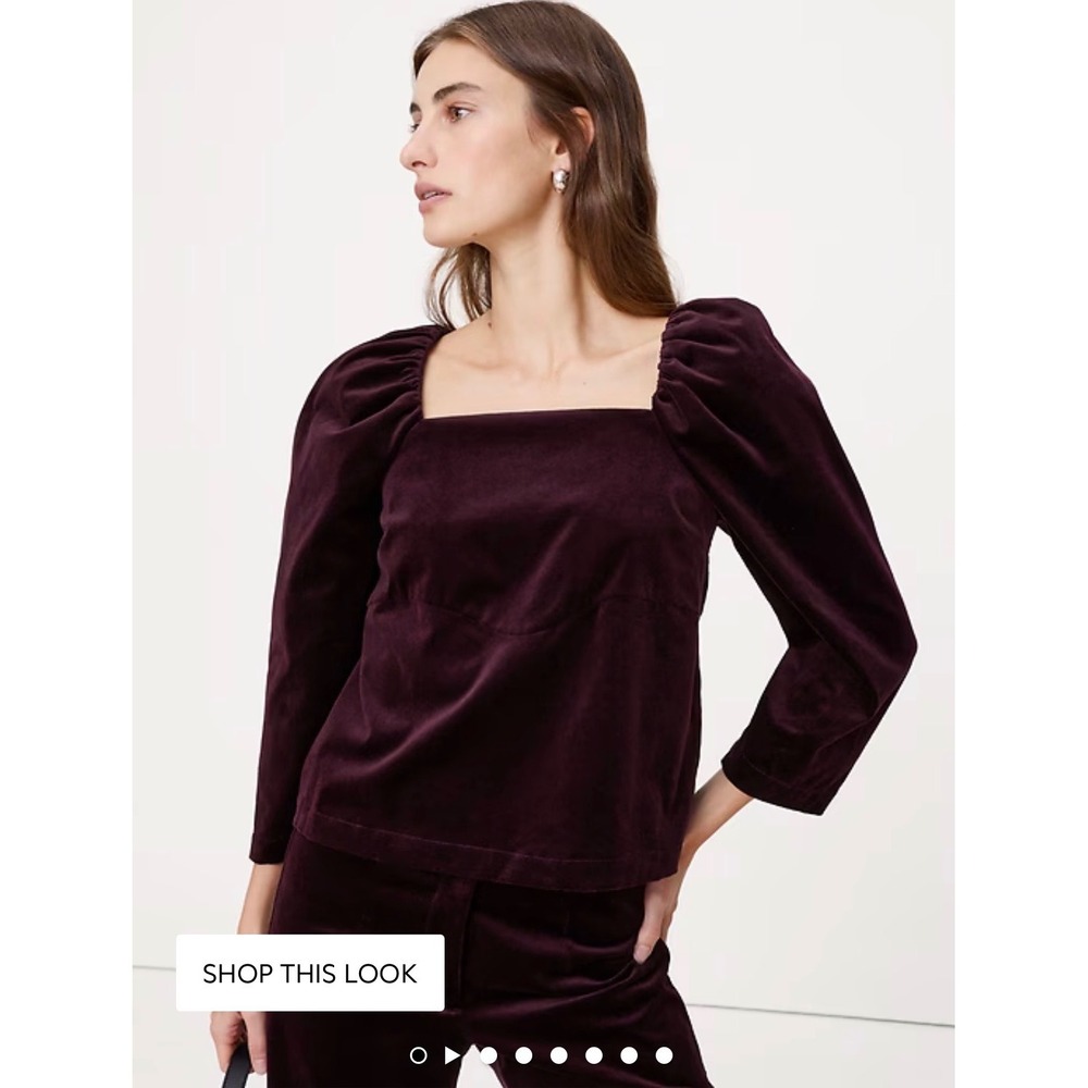 Banana Republic Velvet Puff-Sleeve Top Burgundy Square Neck Tie Back Size S $140